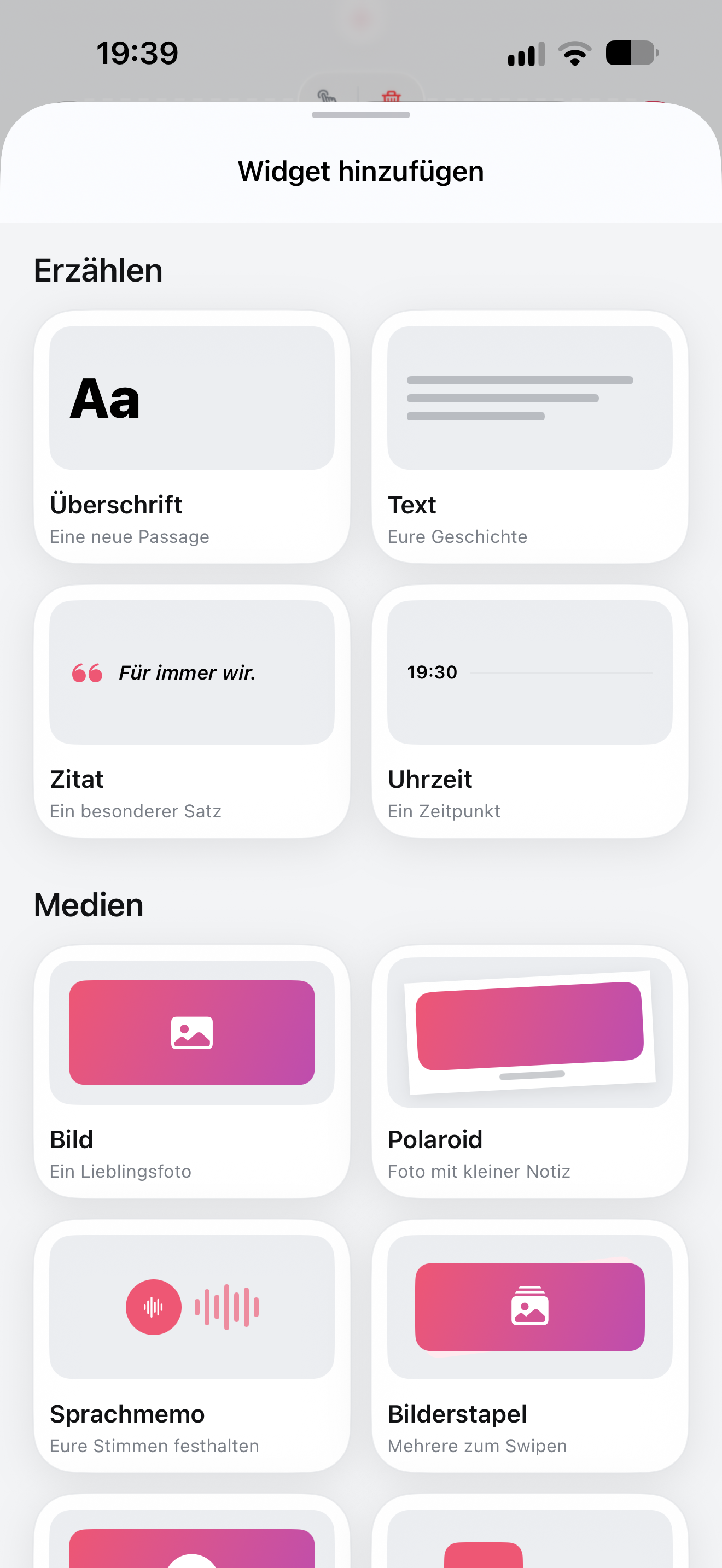 Die Widget-Auswahl der App mit Überschrift, Text, Zitat, Uhrzeit, Bild, Polaroid und Sprachmemo
