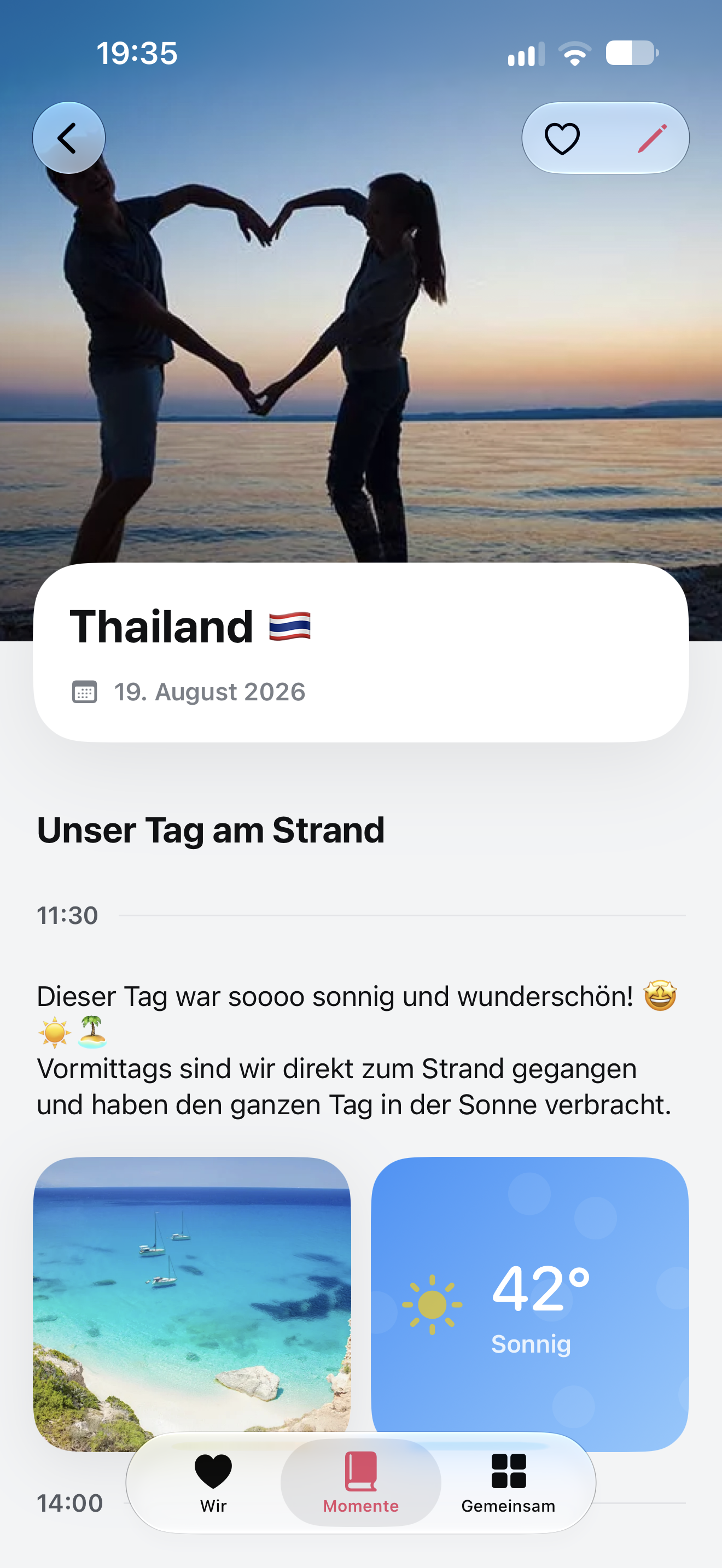 Strand-Tagebucheintrag mit persönlichen Worten, Foto und Wetterbaustein